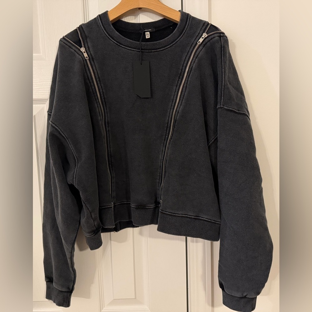 R13 Zippered Crewneck Sweatshirt in Washed Black - size M - Picture 9 of 12